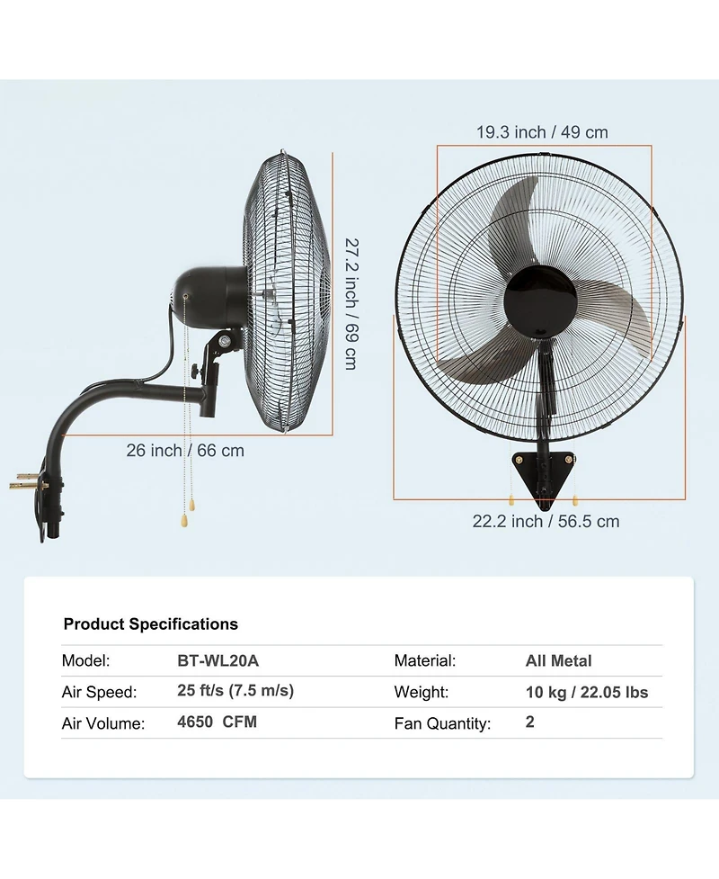 Mecale 20 Inch Wall Mount Fan 2-Pack Oscillating 4000 Cfm Industrial