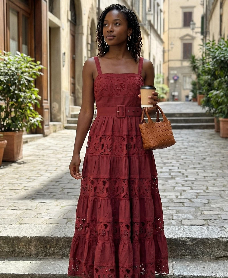 Modenaire Women's Belted Tiered Lace Midi Dress