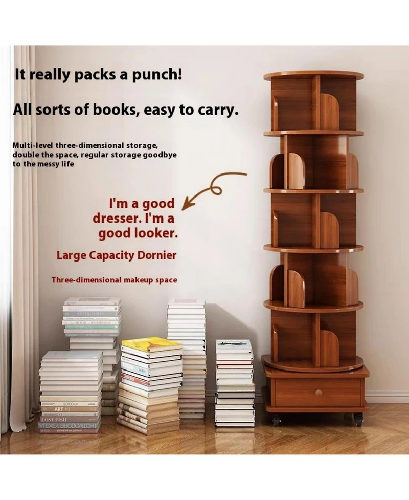 Rainsken 5 Tier Rotating Bookshelf, with Cabinet On Wheel, 360degree(s) Display Spinning Corner Book Shelf Tower, for Bedroom, Living Room, Study Room