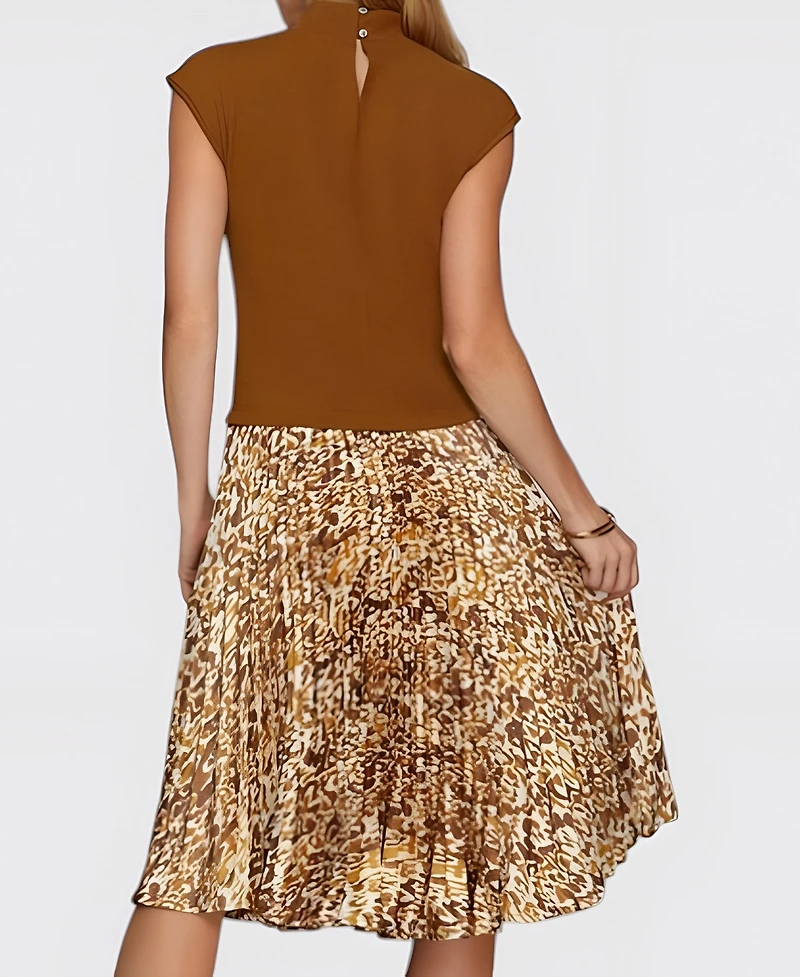 Modenaire Women's Animal Print Pleated High-Neck Midi Dress