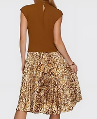 Modenaire Women's Animal Print Pleated High-Neck Midi Dress
