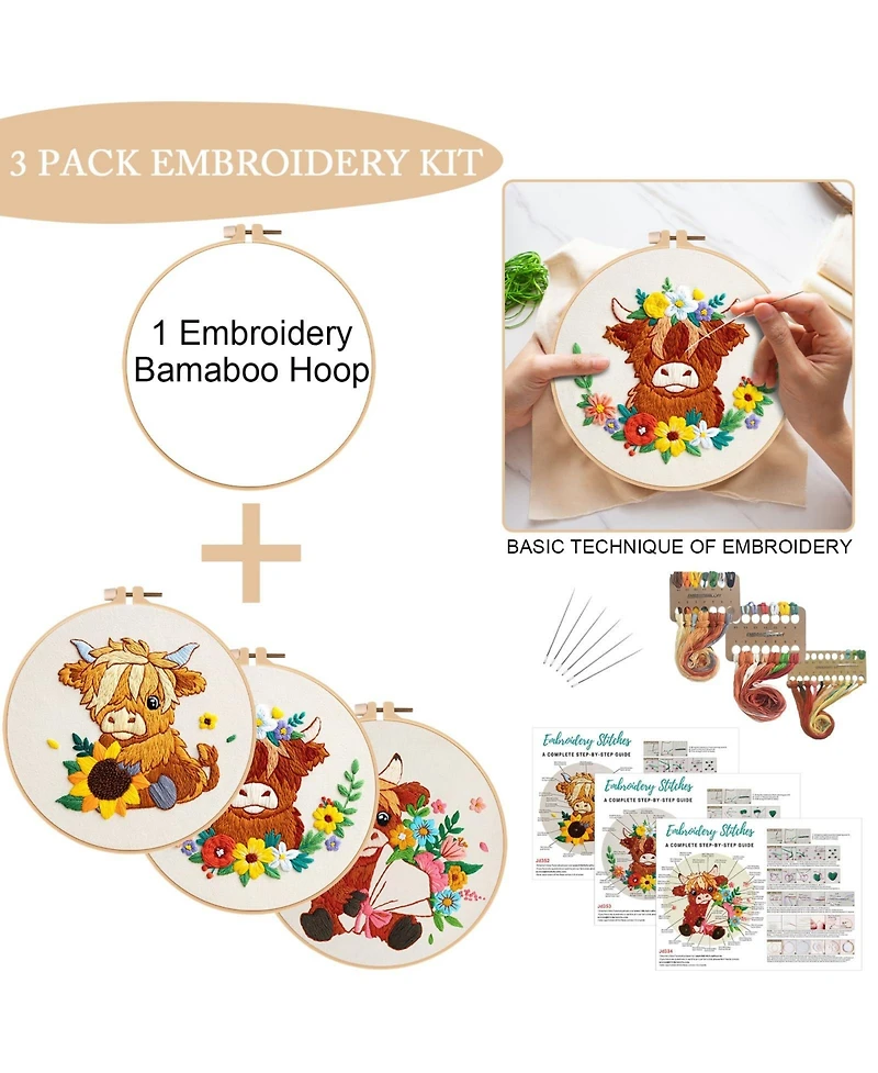 Gnuadz 3 Pack Highland Cow Embroidery Kit Adults Beginners Diy Gift
