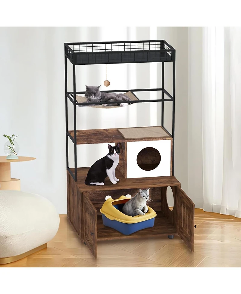 Gaomon Cat Litter Box Enclosure Furniture with Hidden Box, Cat House, Scratching Hammock, Feeding Station, Shelves, and Dog Proof Cabinet.