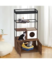 Gaomon Cat Litter Box Enclosure Furniture with Hidden Box, Cat House, Scratching Hammock, Feeding Station, Shelves, and Dog Proof Cabinet.