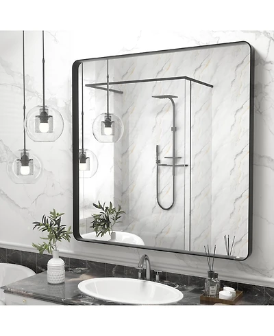 Apmir 36" x 36" High-Strength Tempered Glass and Aluminum Alloy Framed Wall Decor Bathroom Vanity Mirror in Matte Black