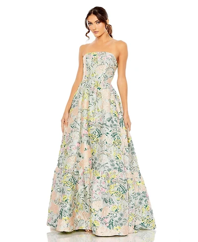 Women's Floral Brocade Strapless A Line Gown