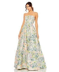 Women's Floral Brocade Strapless A Line Gown