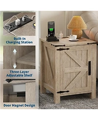 Homfan Rustic Farmhouse Bedside Cabinet with Usb Charging Station, 18" Wide Top, Sliding Barn Door, and Adjustable Shelf for Bedroom or Living Room.