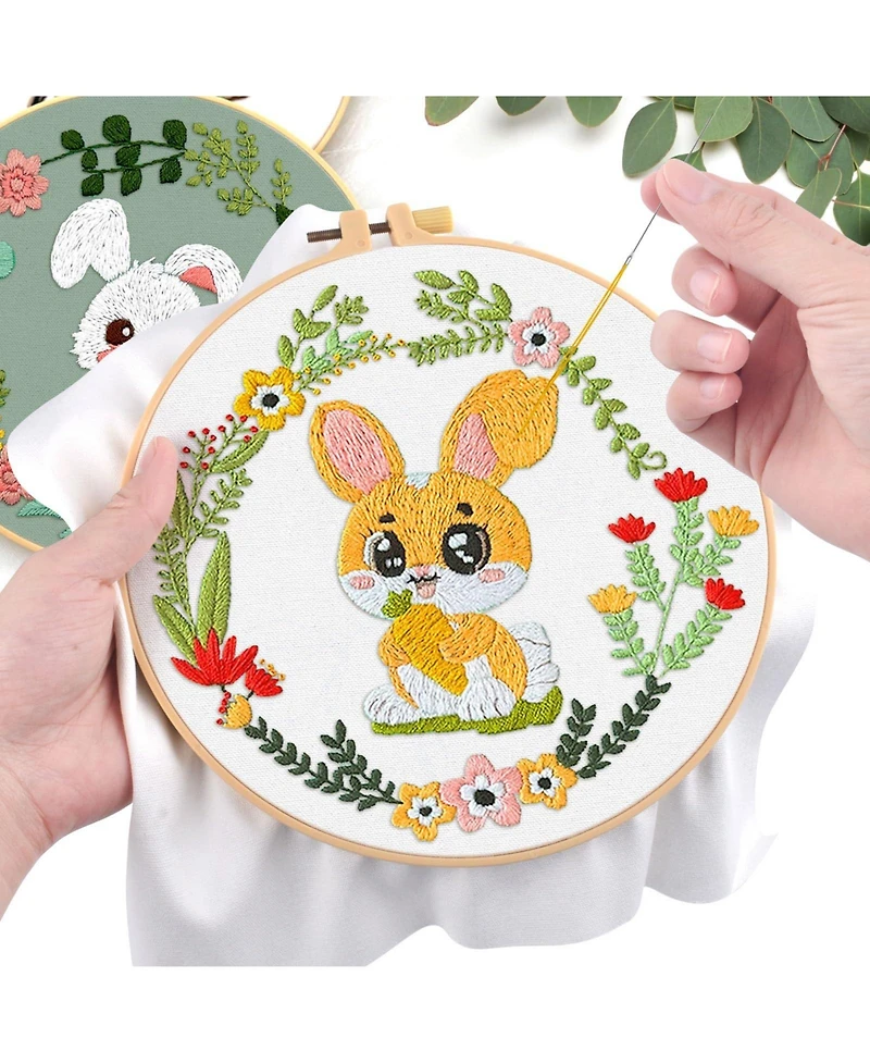 Gnuadz 4 Sets Embroidery Kit Rabbit Animal Cross Stitch Cloth Hoops Threads