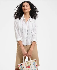 Lands' End Women's Eyelet Cropped Button Front Shirt