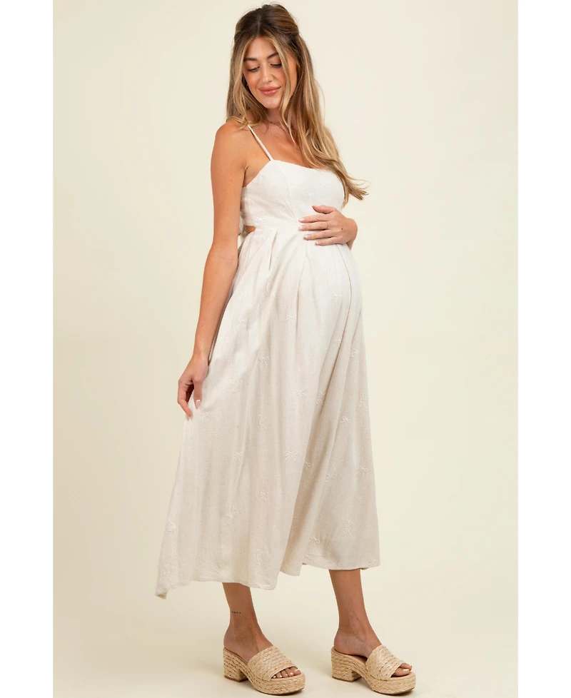 Pinkblush Maternity Beige Linen Ribbon Pattern Embroidered Midi Dress