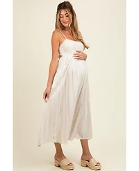 Pinkblush Maternity Beige Linen Ribbon Pattern Embroidered Midi Dress