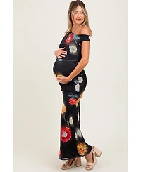 Pinkblush Maternity Black Mesh Floral One Shoulder Maxi Dress