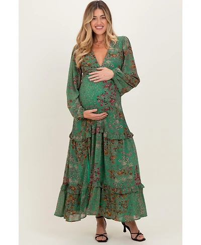 Pinkblush Maternity Green Floral Chiffon V-Neck Long Sleeve Maxi Dress