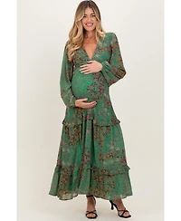 Pinkblush Maternity Green Floral Chiffon V-Neck Long Sleeve Maxi Dress