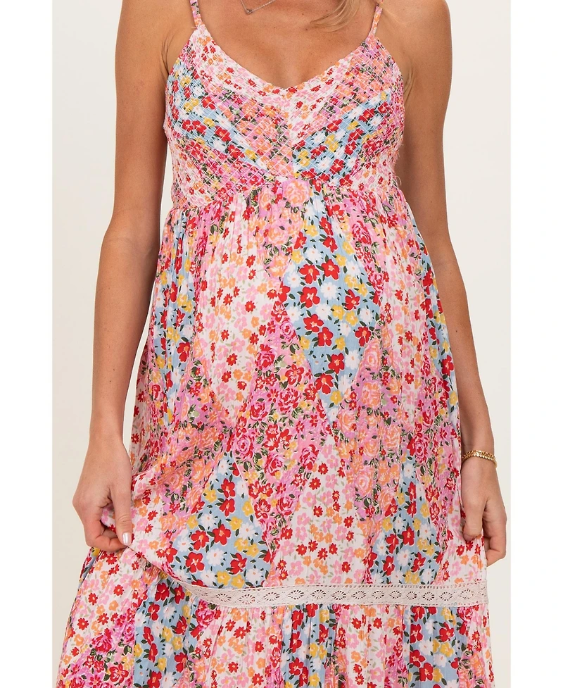 Pinkblush Maternity Pink Smocked Bust V Neck Lace Trim Maxi Dress