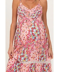 Pinkblush Maternity Pink Smocked Bust V Neck Lace Trim Maxi Dress