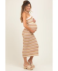 Pinkblush Maternity Light Olive Striped Halter Crochet Knit Midi Dress
