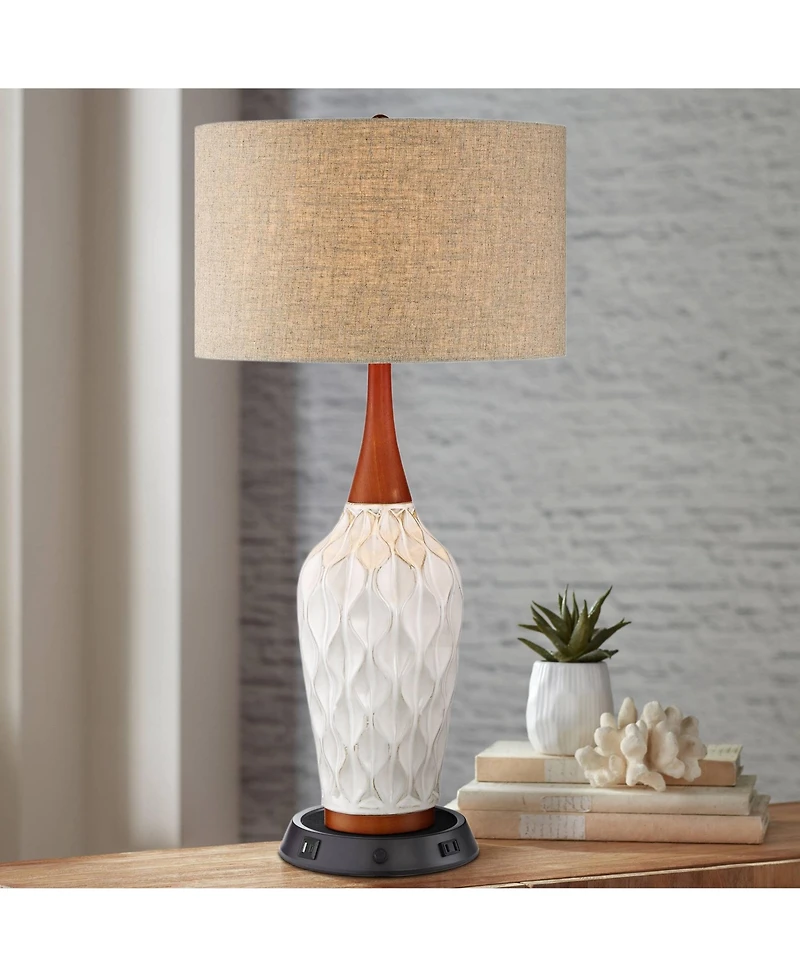 360 Lighting Rocco Modern Mid Century Table Lamp 30" Tall Ceramic with Dimmable Usb and Ac Power Outlet in Base Tan Drum for Living Room House