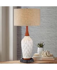 360 Lighting Rocco Modern Mid Century Table Lamp 30" Tall Ceramic with Dimmable Usb and Ac Power Outlet in Base Tan Drum for Living Room House