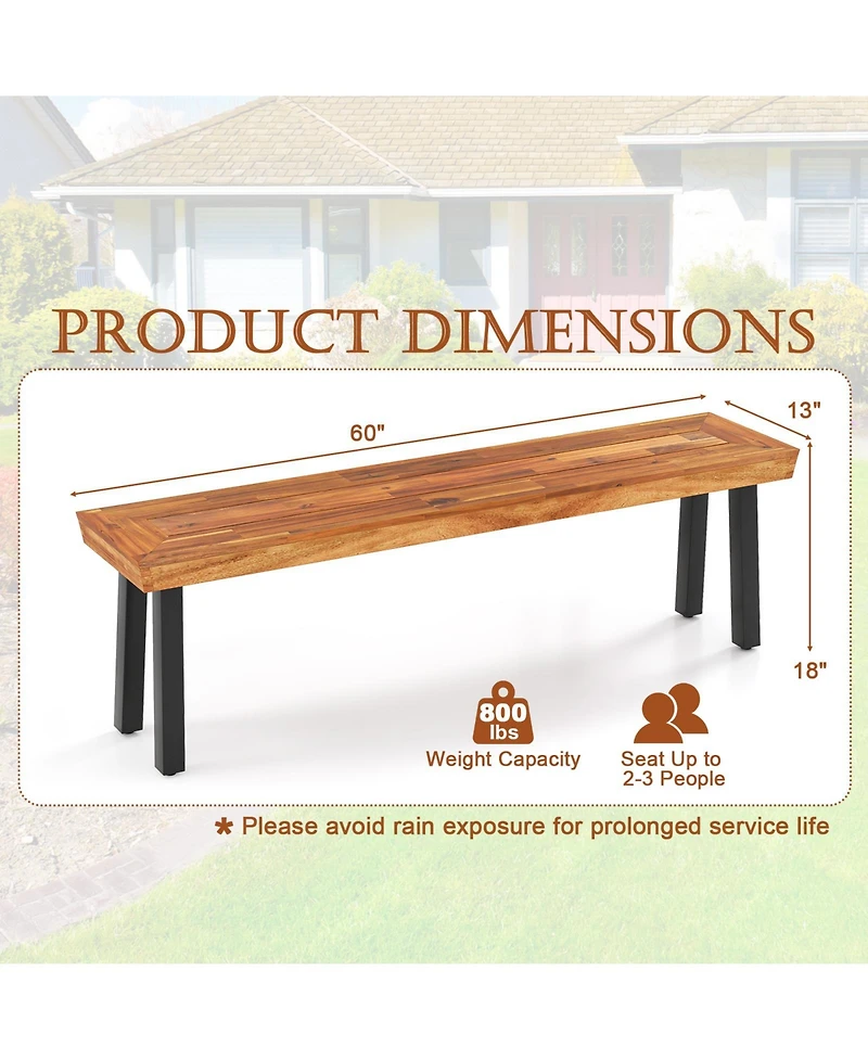 Gymax Outdoor Acacia Wood Benches Set of 2 with Slatted Top and Flared Metal Legs