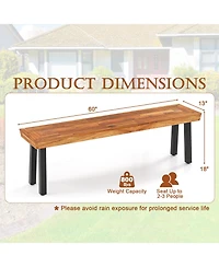 Gymax Outdoor Acacia Wood Benches Set of 2 with Slatted Top and Flared Metal Legs