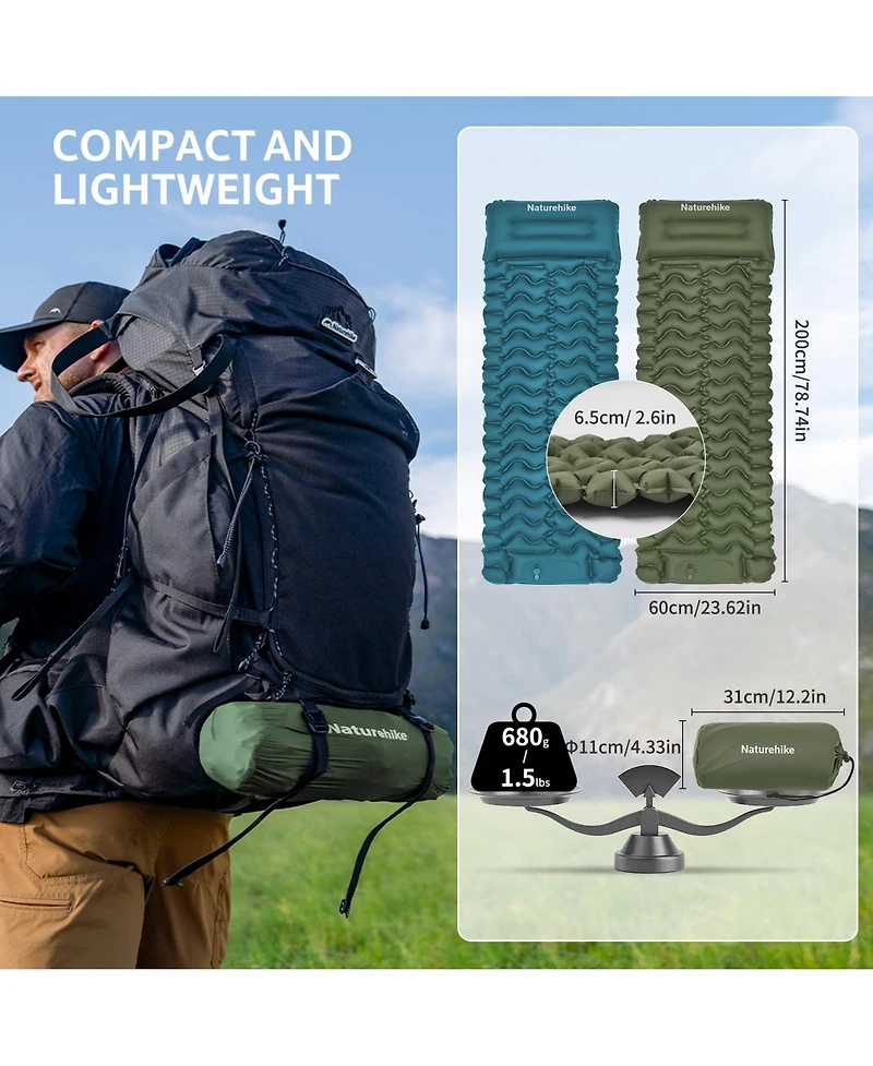 Naturehike Camping Sleeping Pad,Ultralight Inflatable Mat with Pillow Built-in Pump,2.6 Inch Lightweight Air Mattress