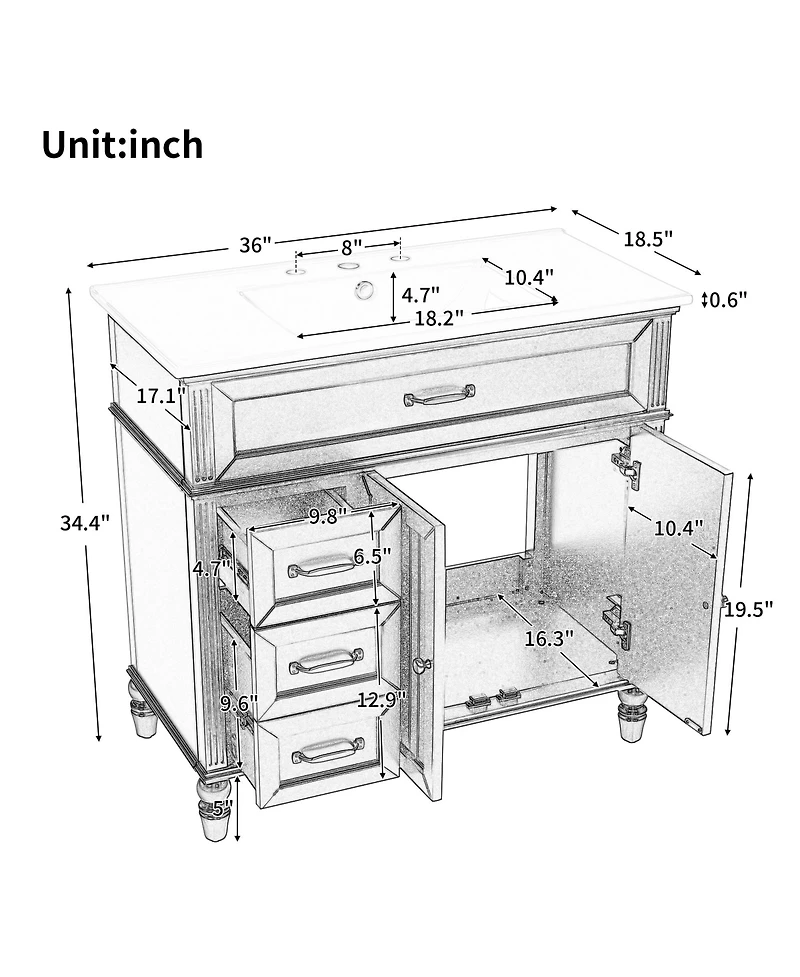 Busdays 36 Inch Bathroom Vanity with Sink Cabinet with Drawers Durable Frame Mdf Board Spacious Storage Two Package Delivery