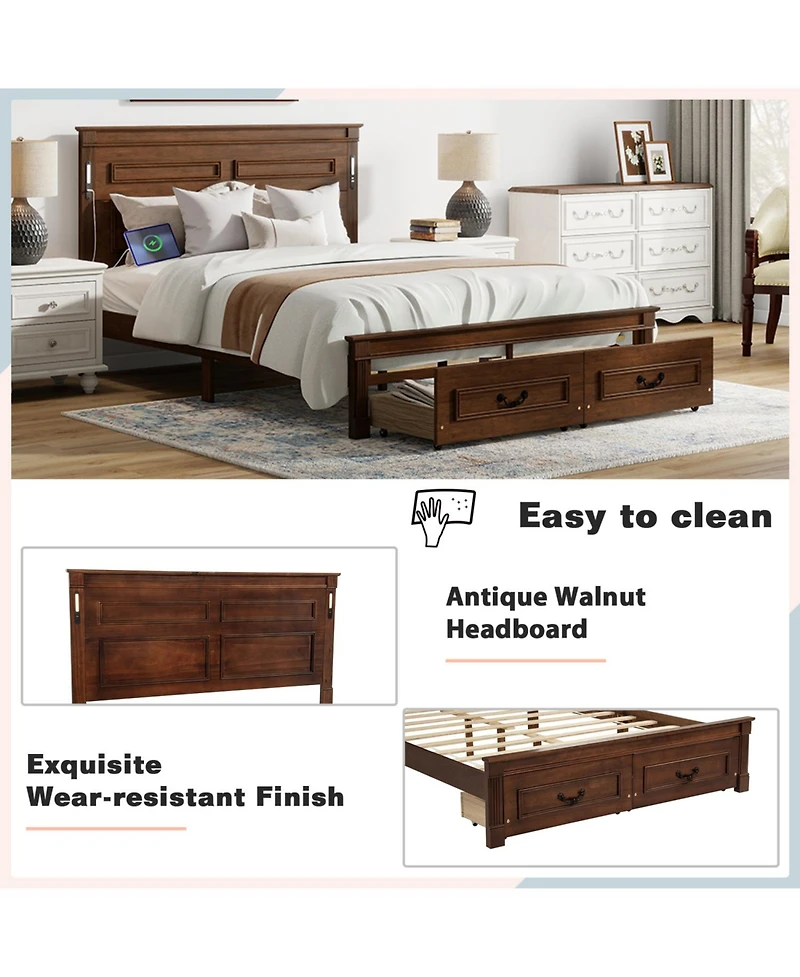 Rainsken Queen Bed Frame, with 2 Storage Drawers and Tall Headboard, Built-In Charging Station Led Lights