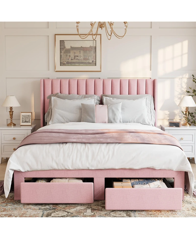 gaomon Velvet Wingback Platform Bed with 2 Storage Drawers Upholstered Bed Frame, Wooden Slats, No Box Spring Needed