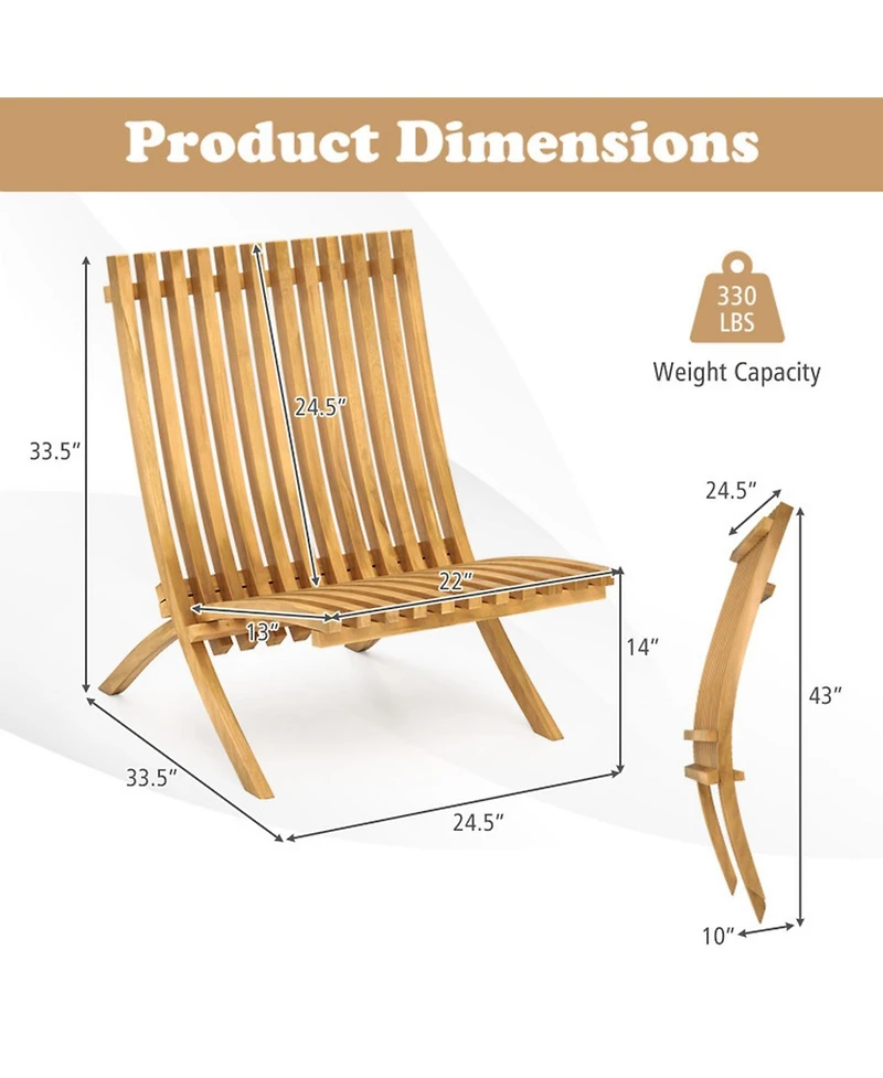 Gouun Folding Teak Wood Outdoor Lounge Chair with Slatted Seat and Backrest, 14 in Seat Height