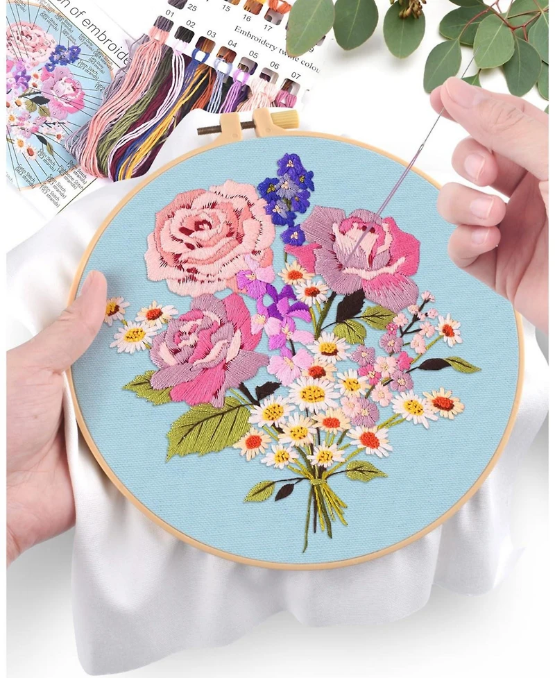 Embroidery Kit Beginners Flower Cross Cloth Hoops Threads