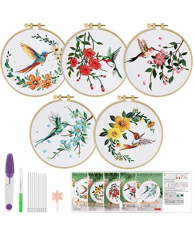 Gnuadz 5 Sets Embroidery Kit Beginners Hummingbird Flower Cross Stitch Hoops Threads Craft Hand Techniques