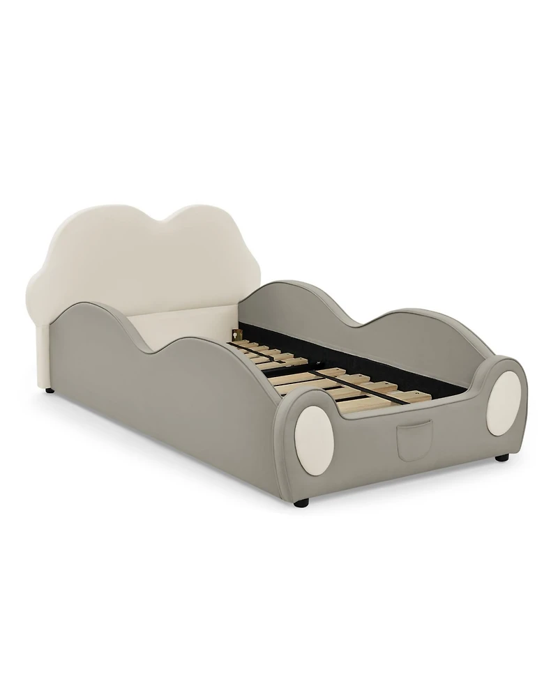 Rainsken Twin Cute Cloud Floor Bed Frame, with Safety Guardrails Beds and Bed-End Storage Pocket, Shape Pu Leather Kids Bed, for 3+