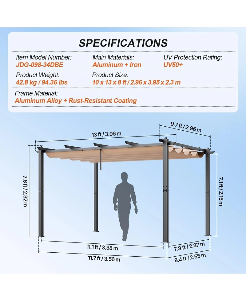 Gouun 10 x 13 ft Retractable Pergola with Canopy Aluminum Outdoor Patio Shade