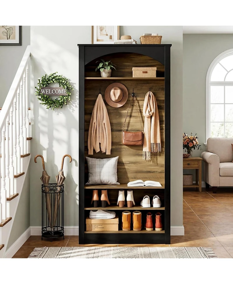 Tribesigns 74.8" Hall Tree with Shoe Storage, 3-Tier Narrow Shoe Rack with Coat Rack, Farmhouse Hall Tree with 4 Double Coat Hooks