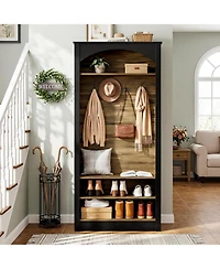 Tribesigns 74.8" Hall Tree with Shoe Storage, 3-Tier Narrow Shoe Rack with Coat Rack, Farmhouse Hall Tree with 4 Double Coat Hooks