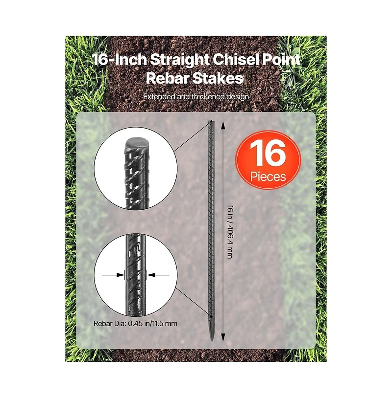 Sugift Rebar Stakes 16-Inch Heavy-Duty 0.45 inche Diameter Straight Galvanized Steel Ground Anchors