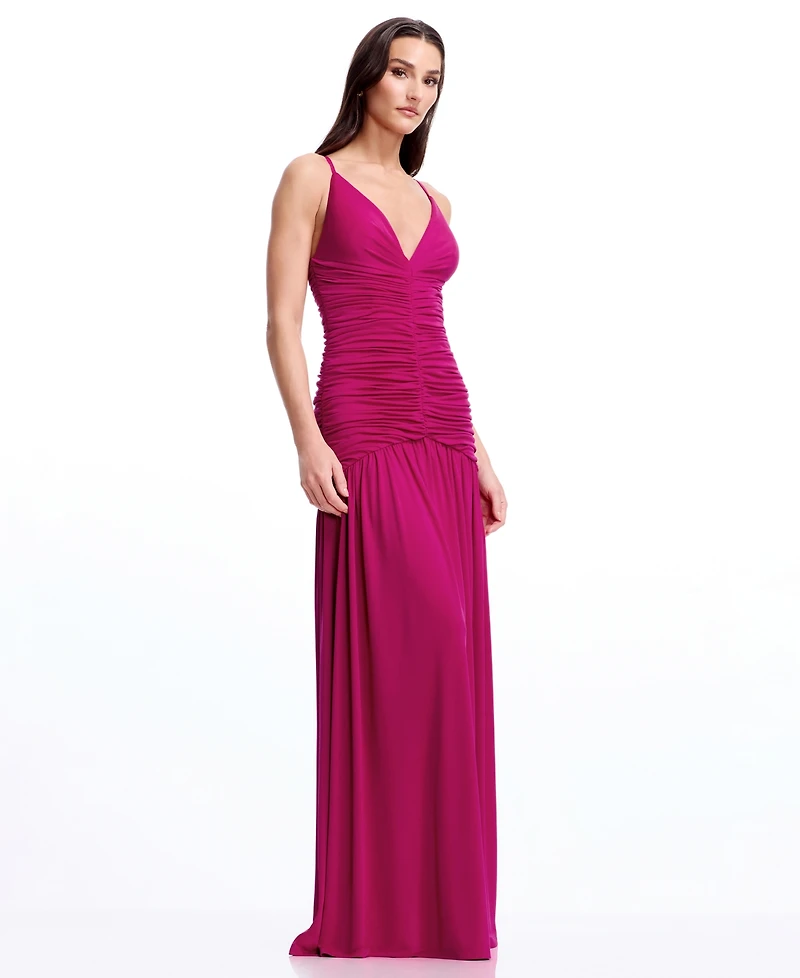 Dress the Population Women's Sleeveless Deep V-Neck Ruched Maxi