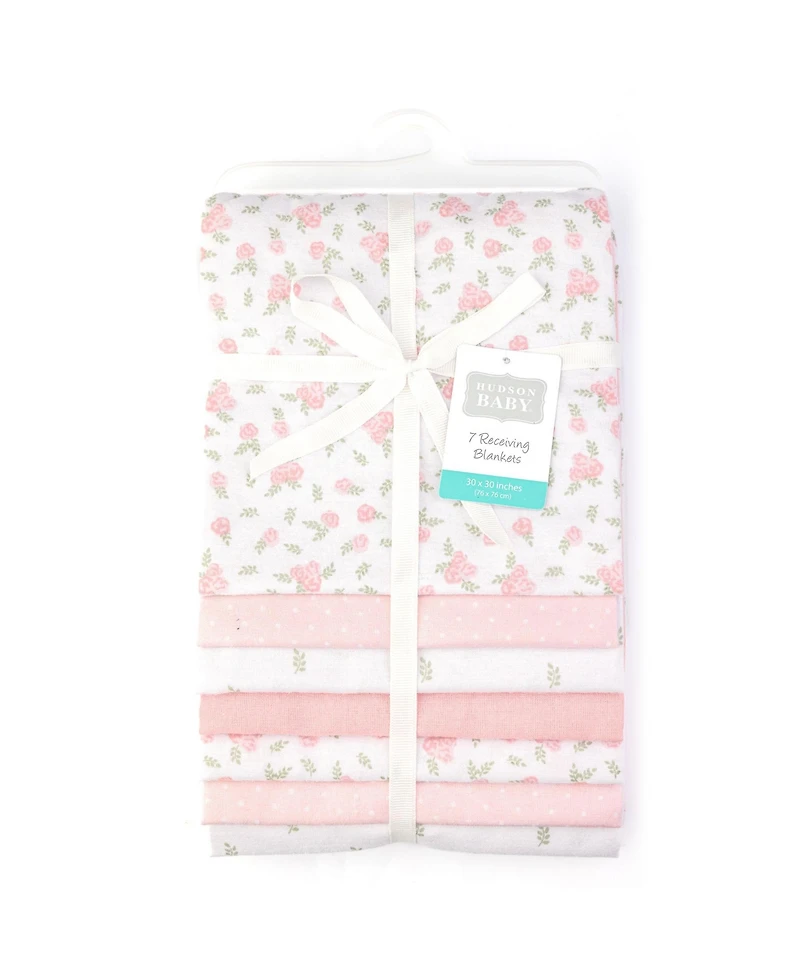 Hudson Baby Girl Cotton Poly Flannel Receiving Blankets Bundle 7-Pack, Tiny Rose, One Size