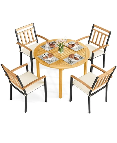 Sugift 5-Piece Acacia Wood Round Patio Dining Set with Cushions