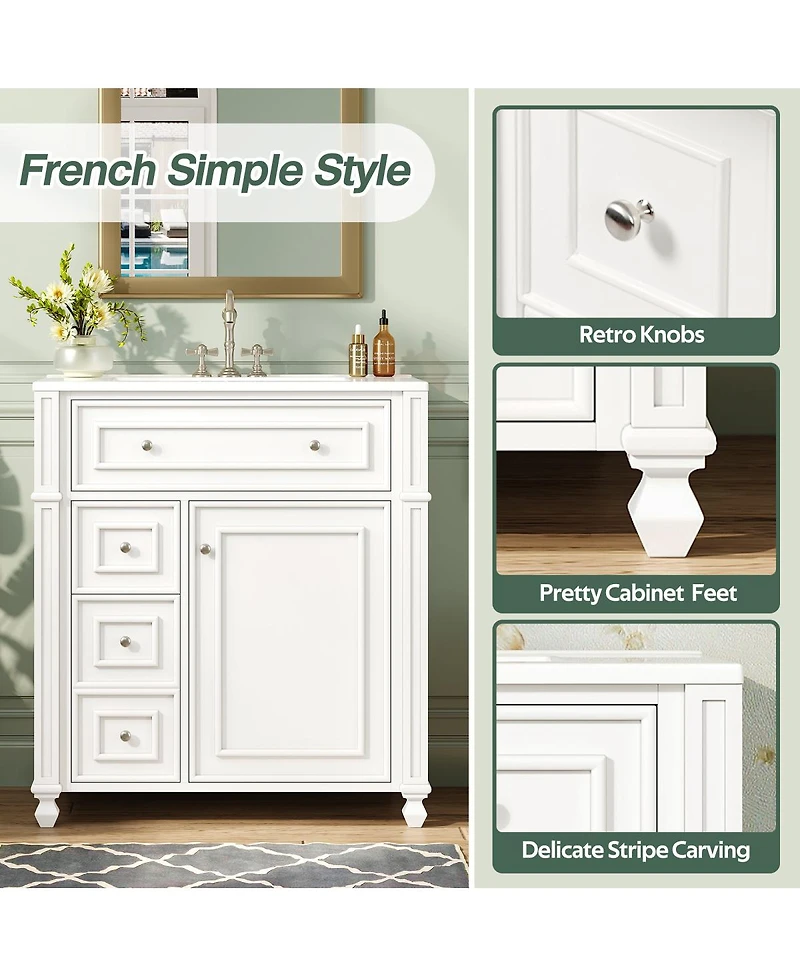 Sillysis Modern Bathroom Vanity with Sink, French Style Cabinet, Soft Close Drawers and Adjustable Storage for Small Spaces
