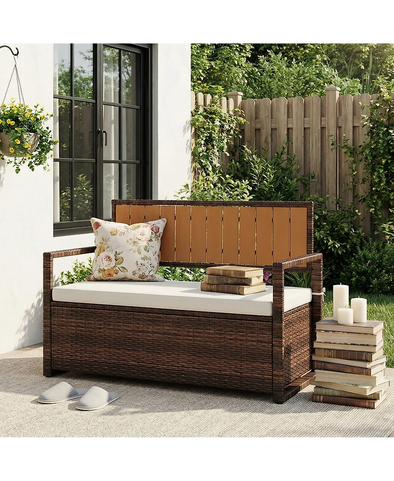 gaomon Home Wicker Storage Bench, Rattan Patio Chest with Cushion Seat and Hidden Compartment