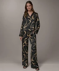 Donna Karan New York Petite Long Sleeve Collared Neck Top Printed Wide Leg Pants