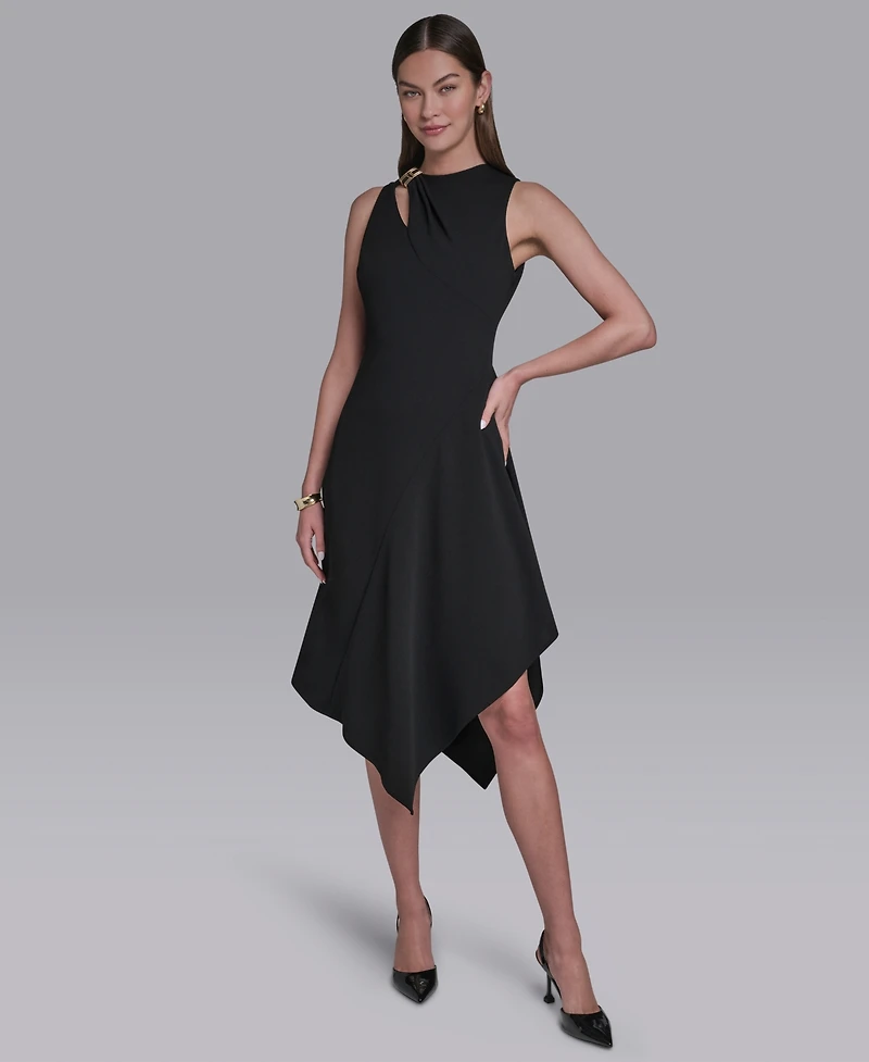 Halston Women's Keyhole Detail Sleeveless Asymmetrical Hem Midi Dress
