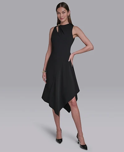 Halston Women's Keyhole Detail Sleeveless Asymmetrical Hem Midi Dress