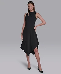 Halston Women's Keyhole Detail Sleeveless Asymmetrical Hem Midi Dress