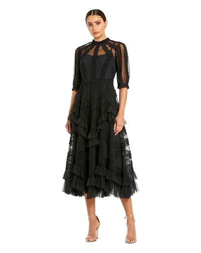 Mac Duggal Petite Illusion High Neck Tiered Ruffle A-Line Midi Dress