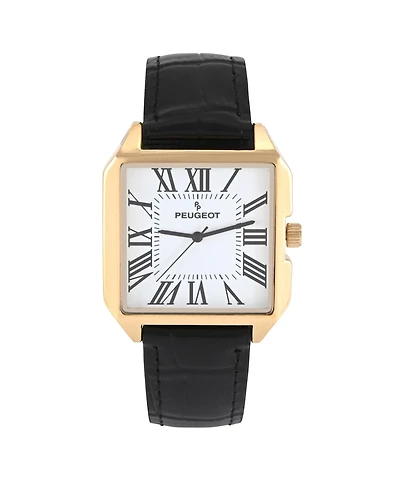 Peugeot Men's 14K Gold-Plated Square Vintage Dress Watch with Roman Numeral Dial and Leather Strap