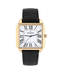 Peugeot Men's 14K Gold-Plated Square Vintage Dress Watch with Roman Numeral Dial and Leather Strap